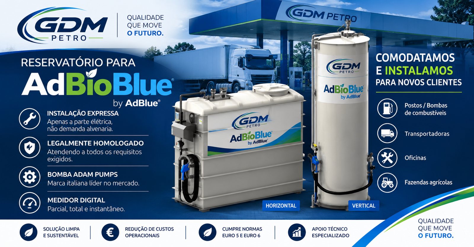 Reservatórios AdBio Blue horizontal e vertical com bomba e contador